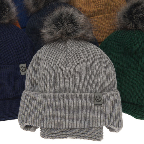 Set invernale bambino: berretto e scaldacollo, invernale, blu scuro, con lacci, con pompon, Honed