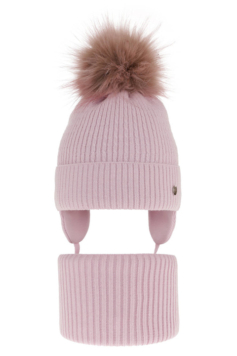 Set invernale bambina: berretto e scaldacollo, lilla, con pompon, con lacci, Debra