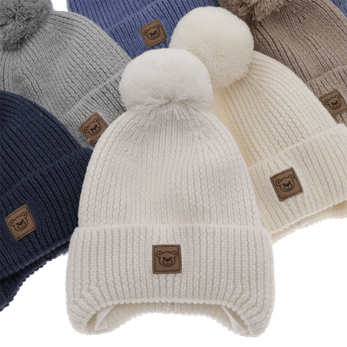 Berretto invernale bambino, marrone chiaro, 100% Lana Merino, foderato in cotone, con lacci, Tacco