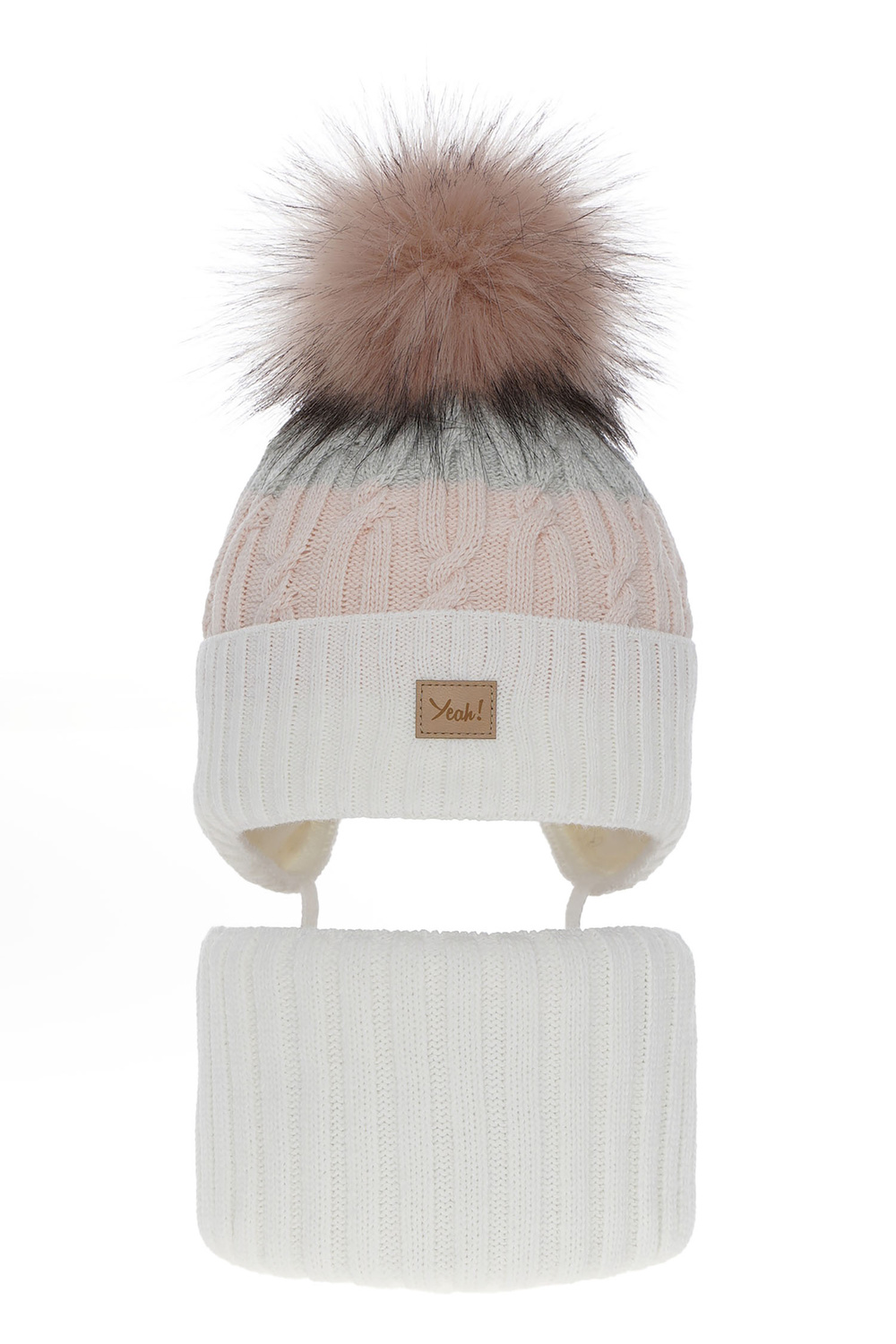 Set invernale bambina: berretto e scaldacollo, crema, con pompon, con lacci, Riviera