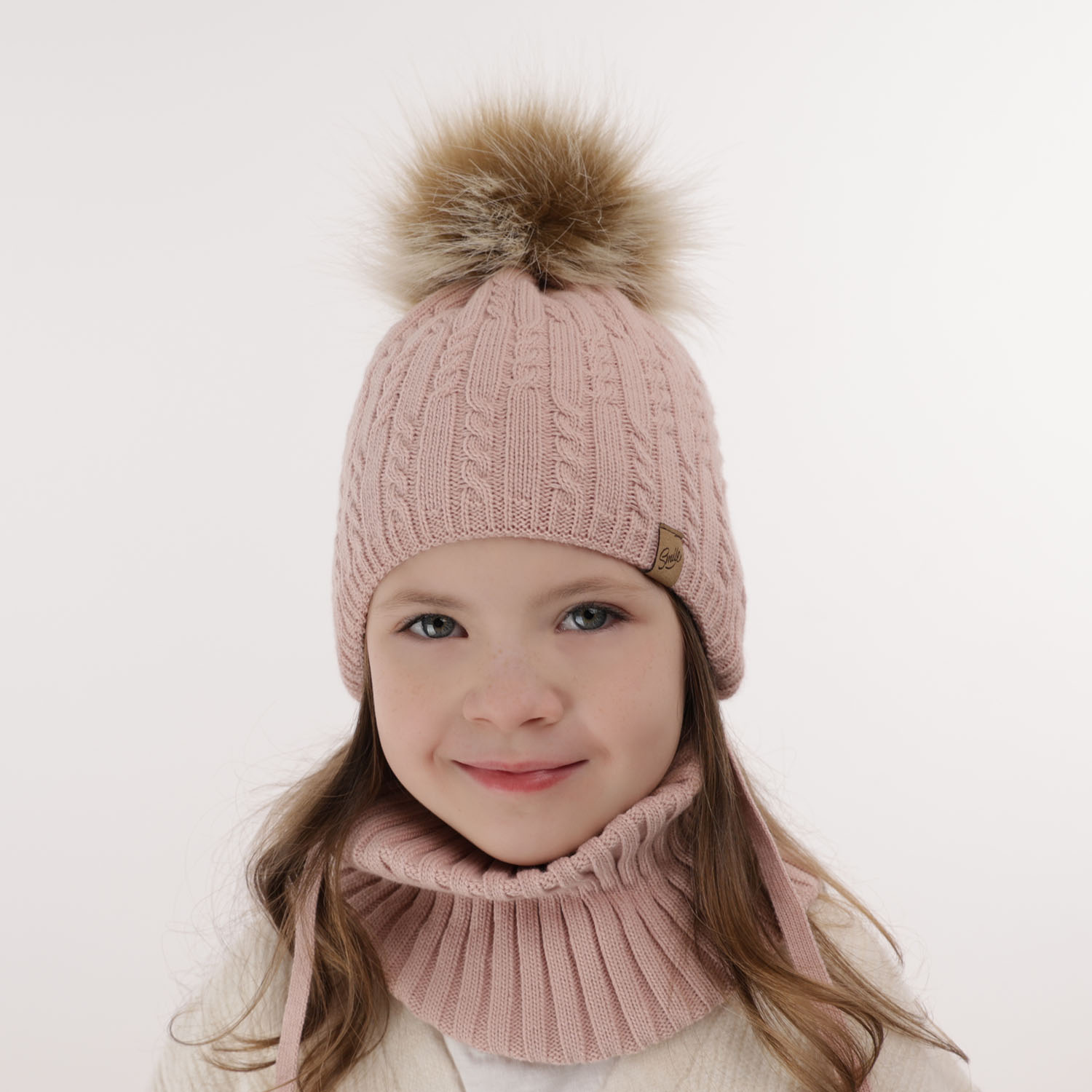 Set invernale bambina: berretto e scaldacollo, beige, con pompon, Loreley