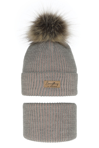 Set invernale bambina: berretto e scaldacollo, grigio, con pompon, Floryda