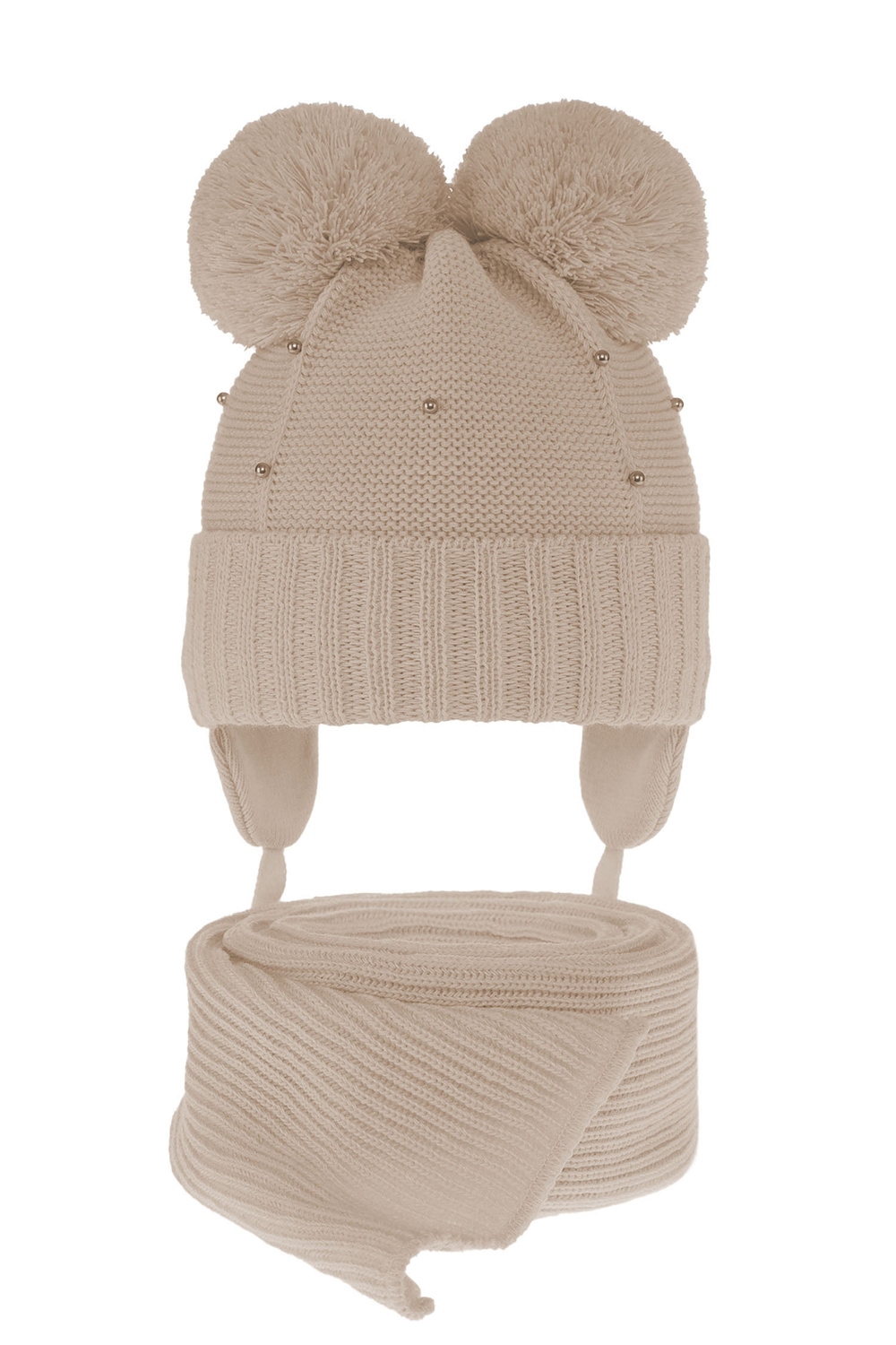 Set invernale bambina: berretto e sciarpa, beige, con due pon pon, Fibien
