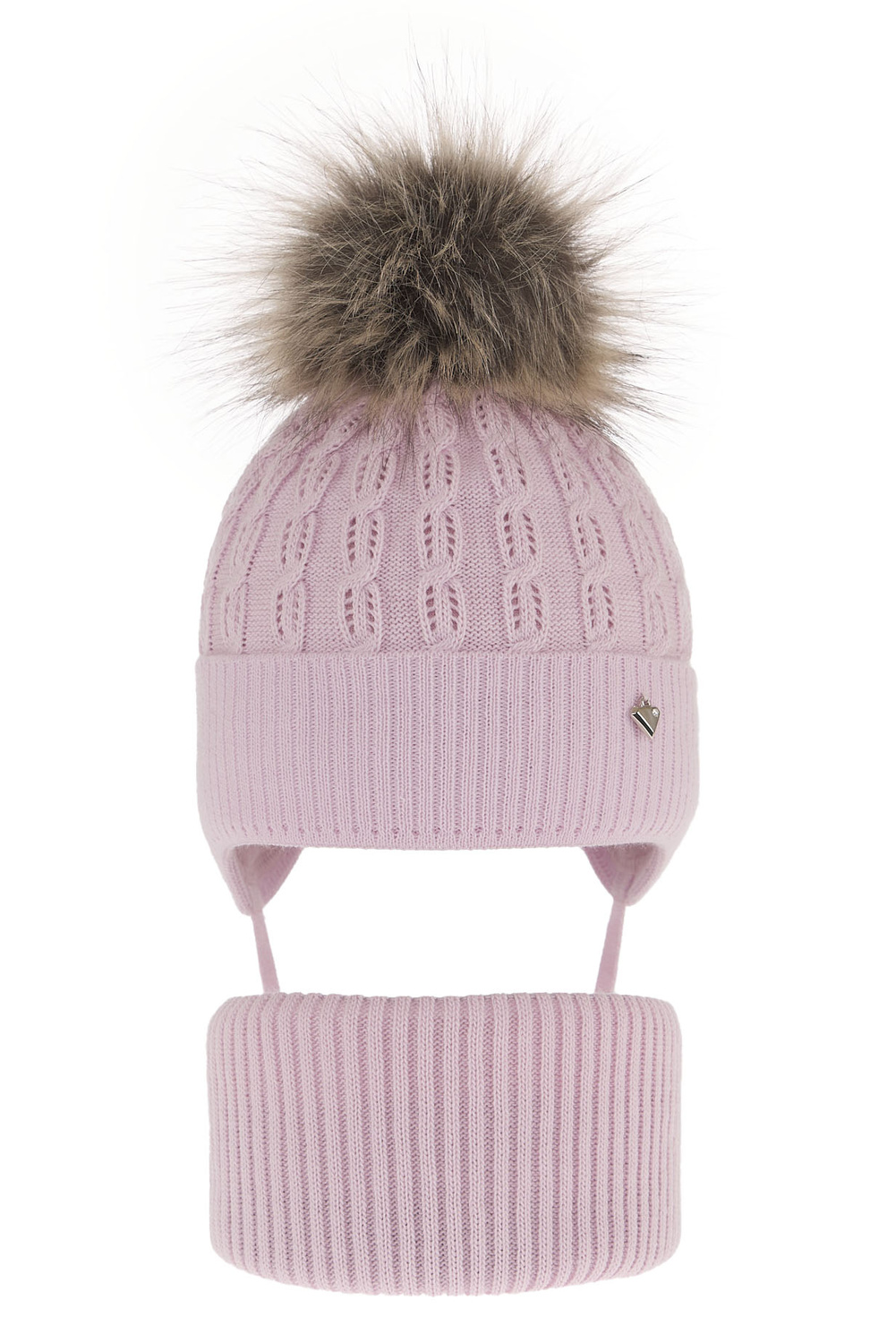 Set invernale bambina: berretto e scaldacollo, lilla, con pompon, con lacci, Tukana