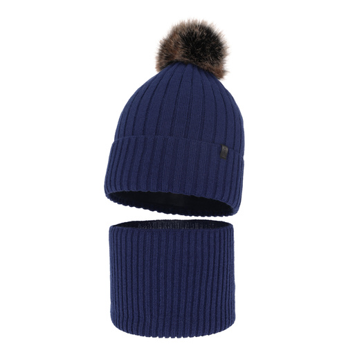 Set invernale bambino: berretto e scaldacollo, blu scuro, con pompon, Relax