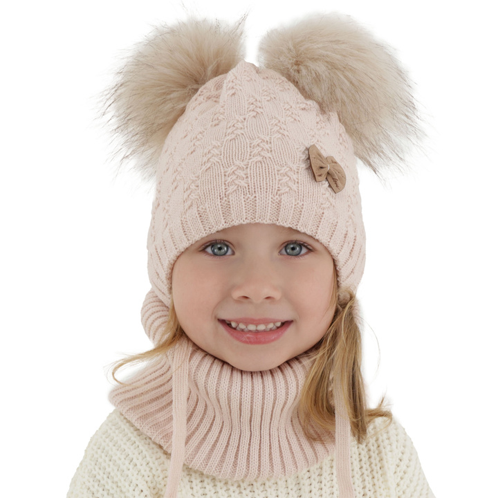 Set invernale bambina: berretto e scaldacollo, rosa, con due pon pon, con lacci, Bettina