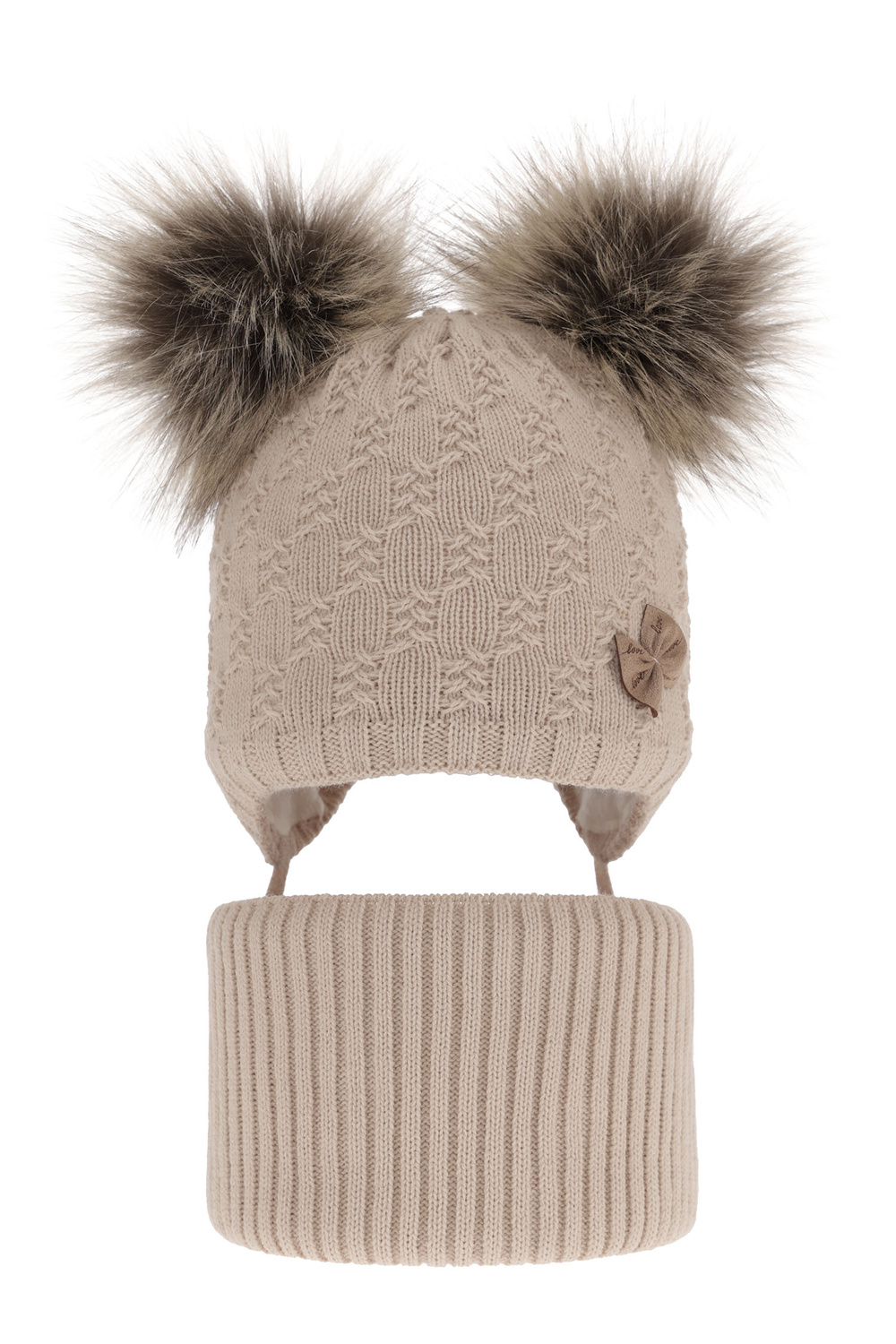 Set invernale bambina: berretto e scaldacollo, beige, con due pon pon, con lacci, Bettina