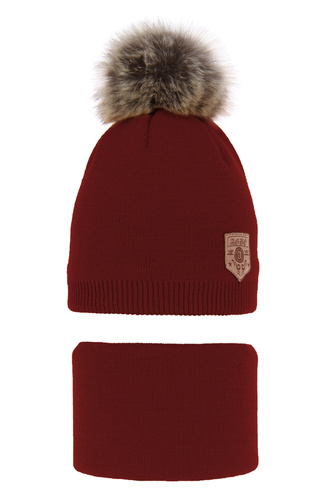 Set invernale bambino: berretto e scaldacollo, bordeaux, con pompon, Apolin