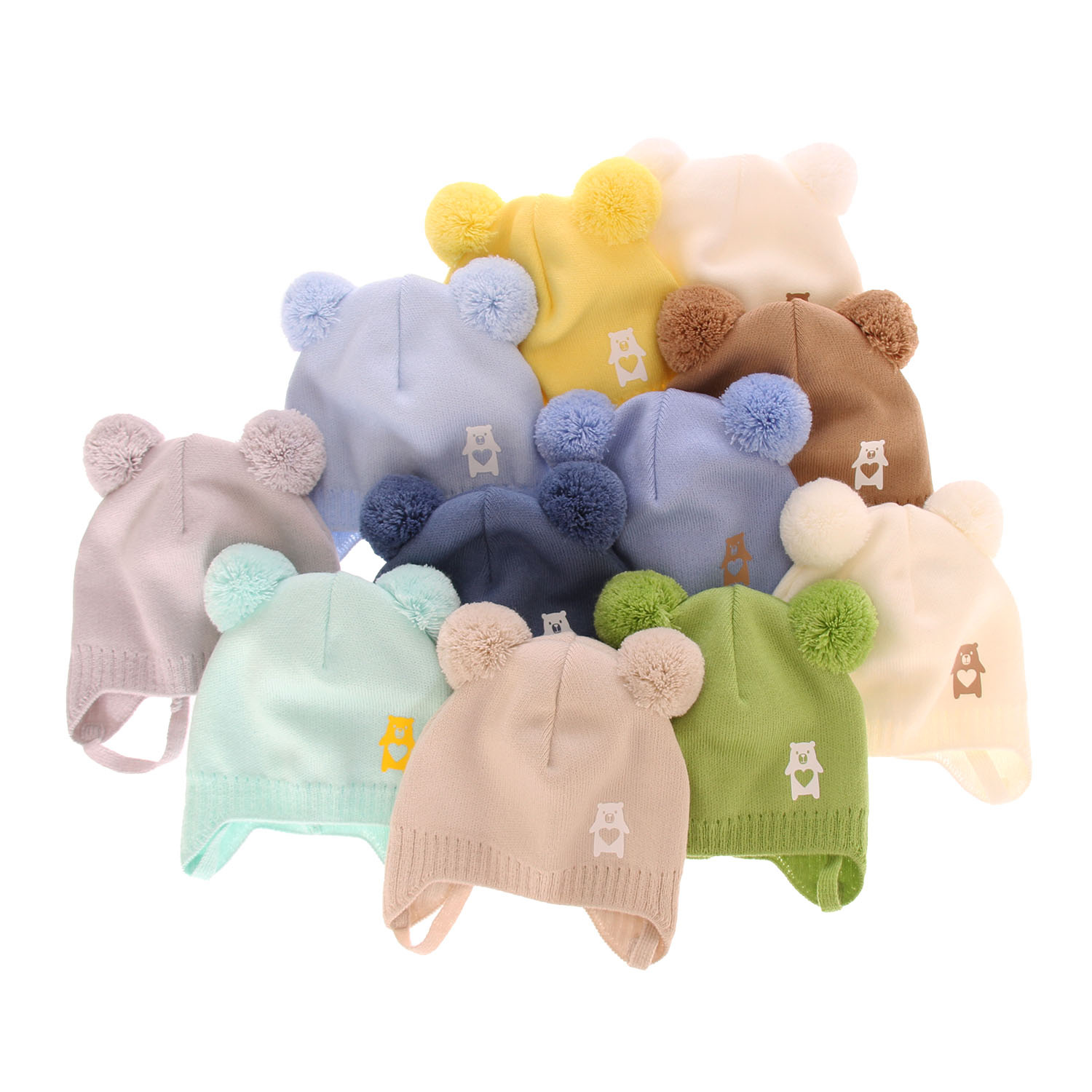 Berretto autunno/primavera bambino, blu, con due pon pon, con lacci, Barney