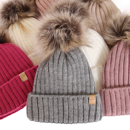 Berretto invernale donna, grigio, con pompon, Europa