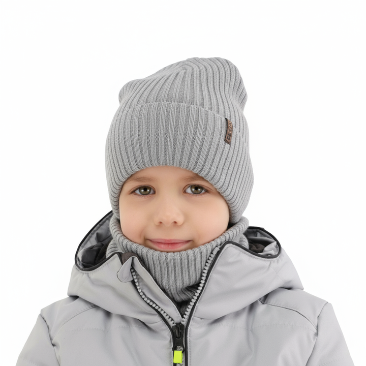 Set invernale bambino: berretto e scaldacollo, grigio chiaro, 100% Lana Merino, Gizmo