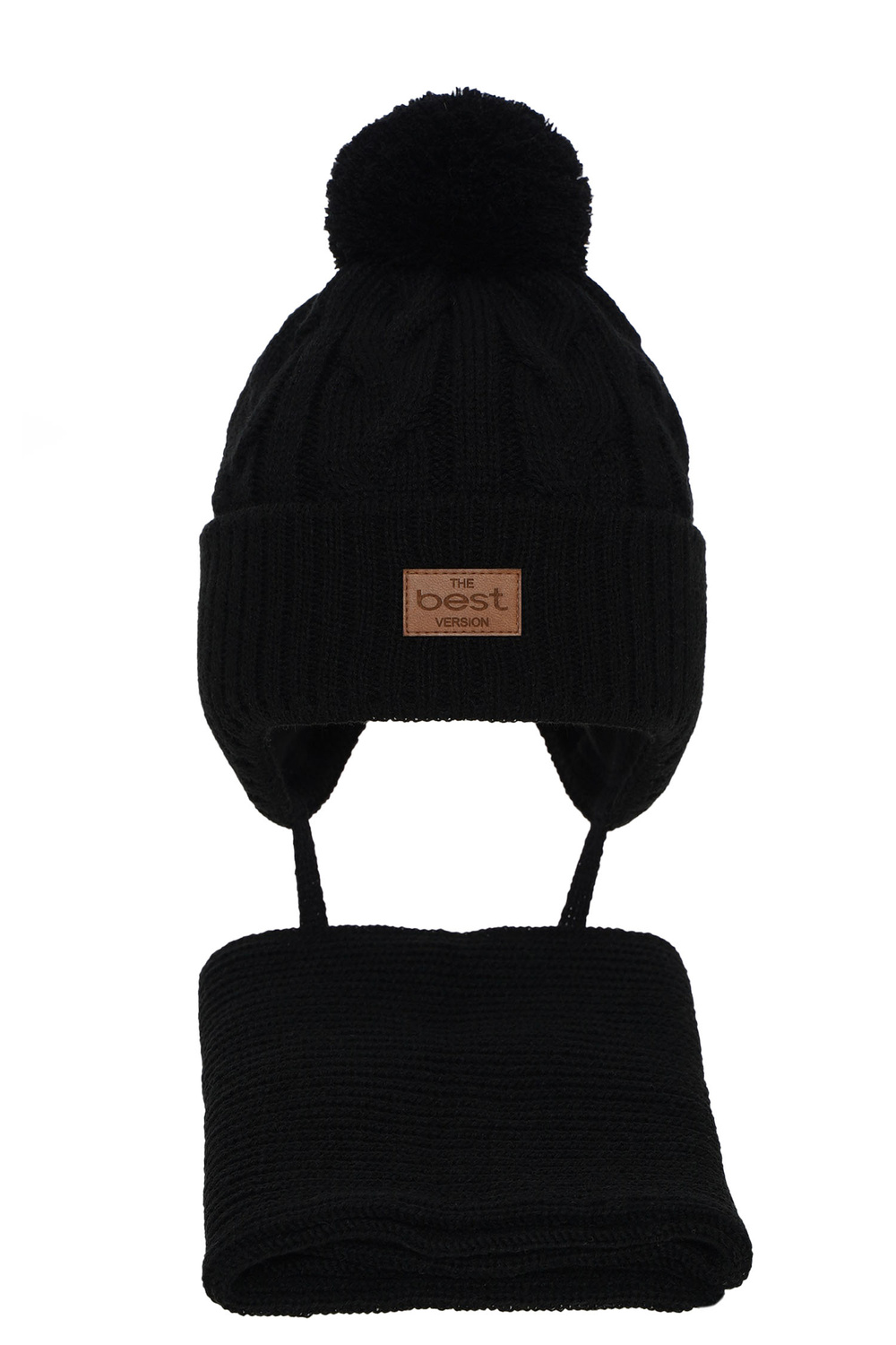 Set invernale bambino: berretto e sciarpa, nero, con pompon, con lacci, Remix