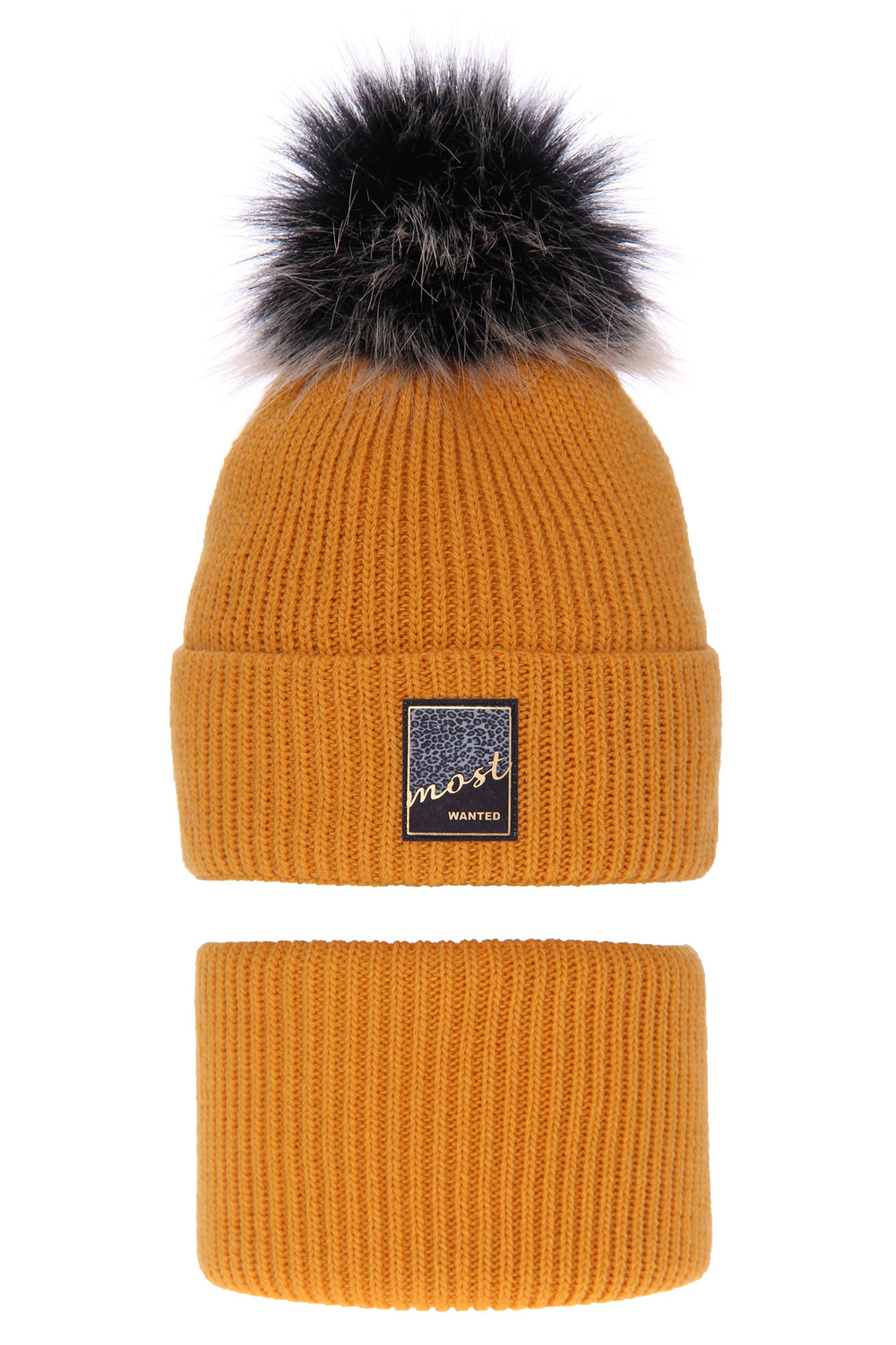 Set invernale bambina: berretto e scaldacollo, miele, con pompon, Sycylia