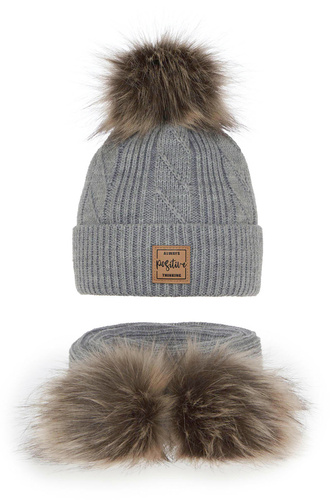 Set invernale bambina: berretto e sciarpa, grigio, con due pon pon, Gabriela