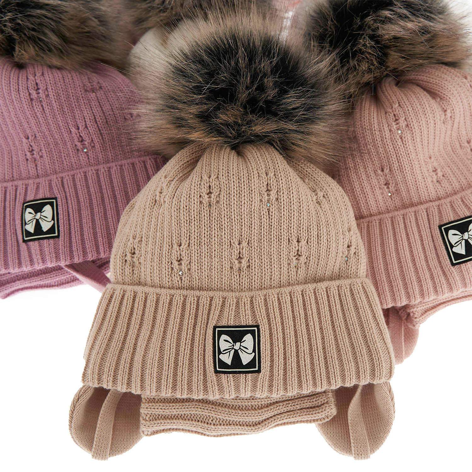 Set invernale bambina: berretto e scaldacollo, crema, con pompon, Kinia