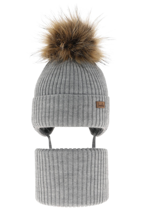 Set invernale bambino: berretto e scaldacollo, grigio, con pompon, con lacci, Bergo