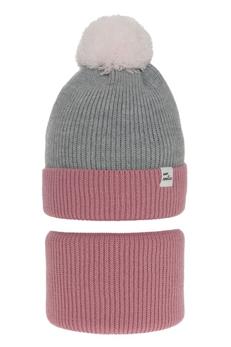 Set invernale bambina: berretto e scaldacollo, rosa, con pompon, Rosalin