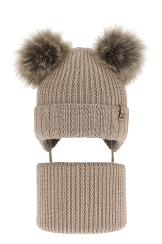 Set invernale bambino: berretto e scaldacollo, beige, 100% Lana Merino, con lacci, Konor