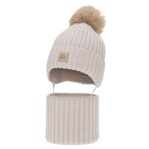 Set invernale bambina: berretto e scaldacollo, beige, 100% Lana Merino, con lacci, foderato in cotone, Malesia