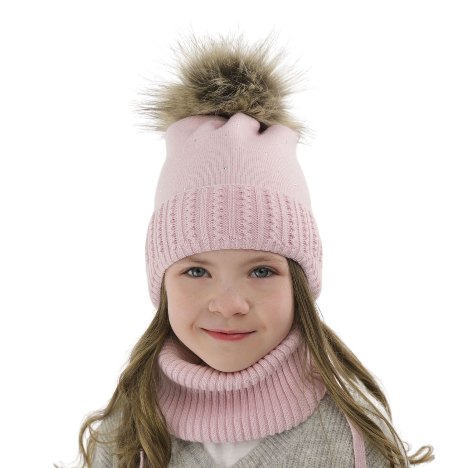 Set invernale bambina: berretto e scaldacollo, lilla, con pompon, Renia
