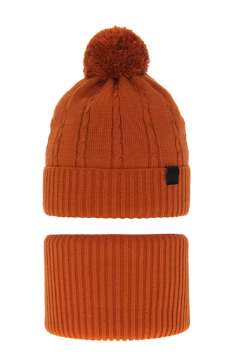 Set invernale bambino: berretto e sciarpa, arancione, con pompon, Deny