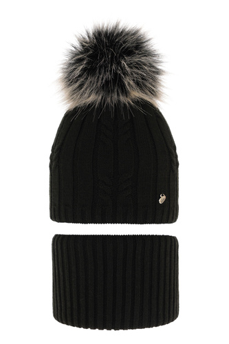 Set invernale bambina: berretto e scaldacollo, nero, con pompon, Amaltea