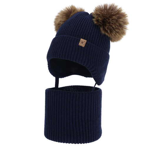 Set invernale bambino (berretto e scaldacollo), blu navy, con due pon pon, Zorven