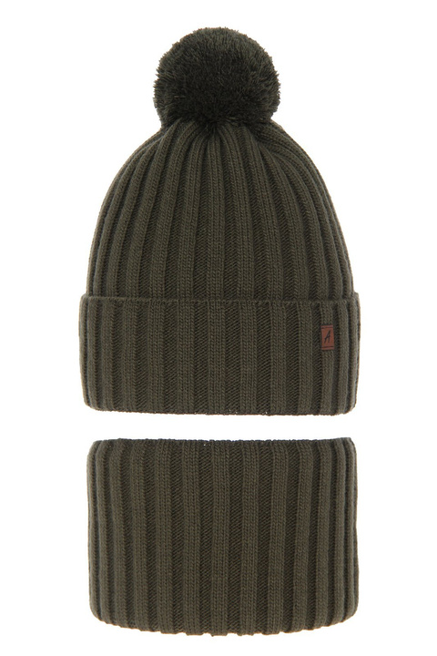 Set invernale bambino: berretto e scaldacollo, khaki, con pompon, Wiliam