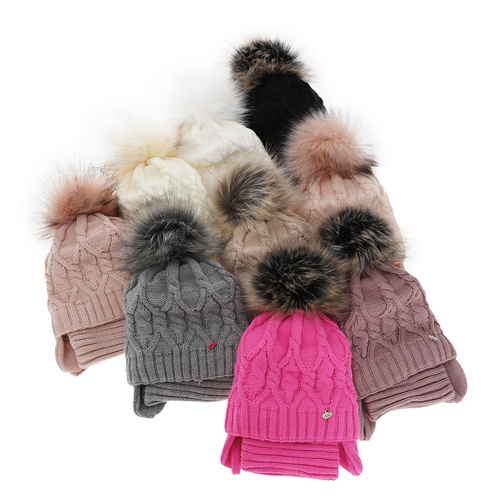 Set invernale bambina: berretto e scaldacollo, crema, con pompon, Elena