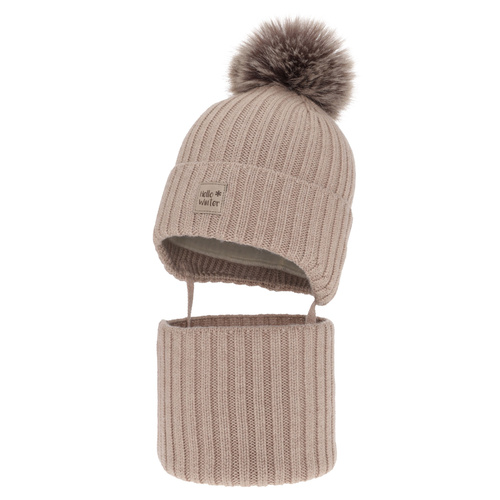 Set invernale bambino: berretto e scaldacollo, beige, 100% Lana Merino, foderato in pile, Morti