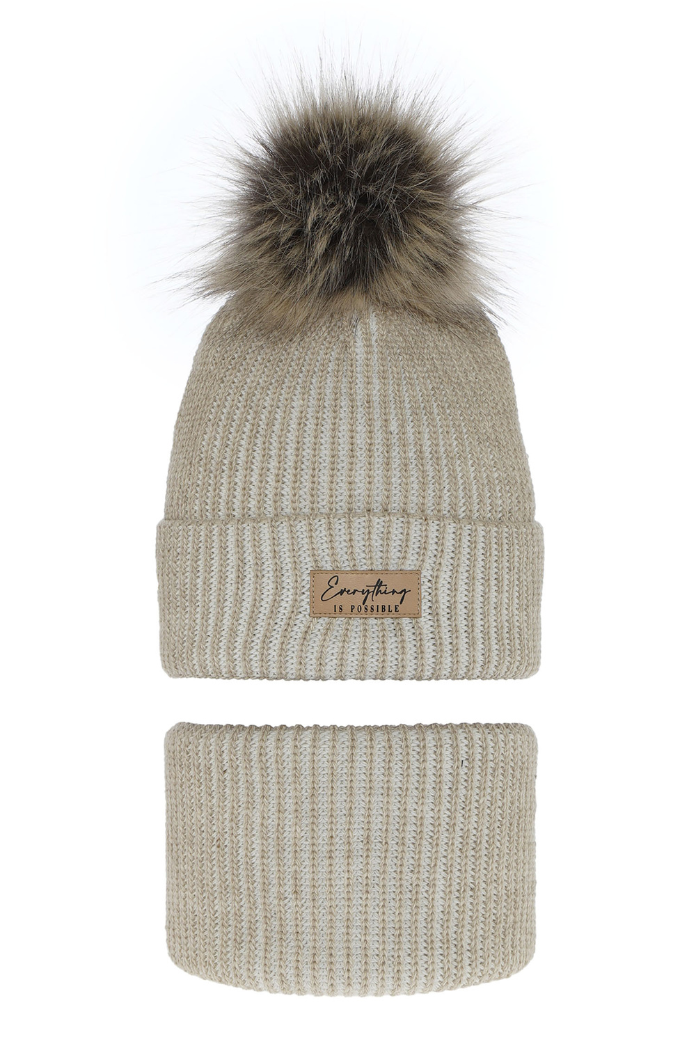 Set invernale bambina: berretto e scaldacollo, beige, con pompon, Floryda