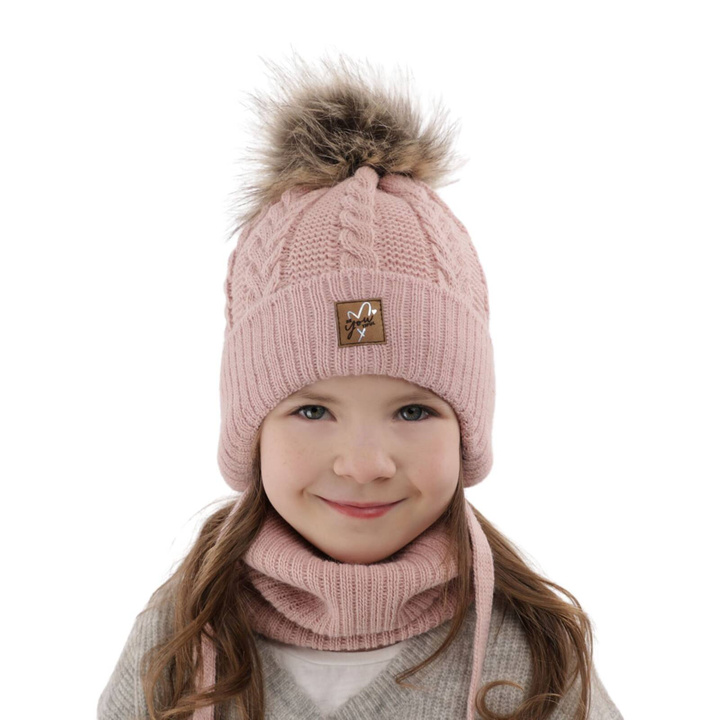 Set invernale bambina: berretto e scaldacollo, rosa, con lacci, con pompon, Finess