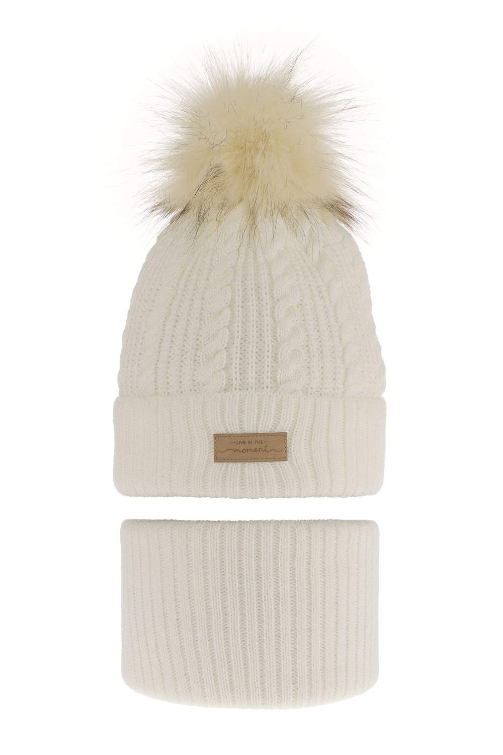 Set invernale bambina: berretto e scaldacollo, crema, con pompon, Alika