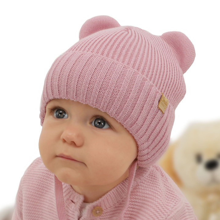 Berretto invernale bambina, rosa, con lacci, 100% Lana Merino, Shira