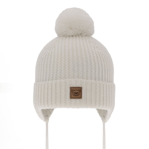 Berretto invernale bambino, bianco, 100% Lana Merino, foderato in pile, con lacci, Tacco