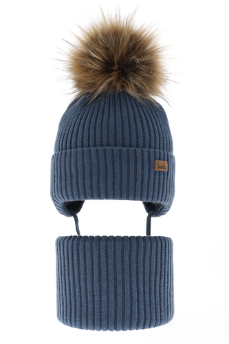 Set invernale bambino: berretto e scaldacollo, blu, con pompon, Bergo