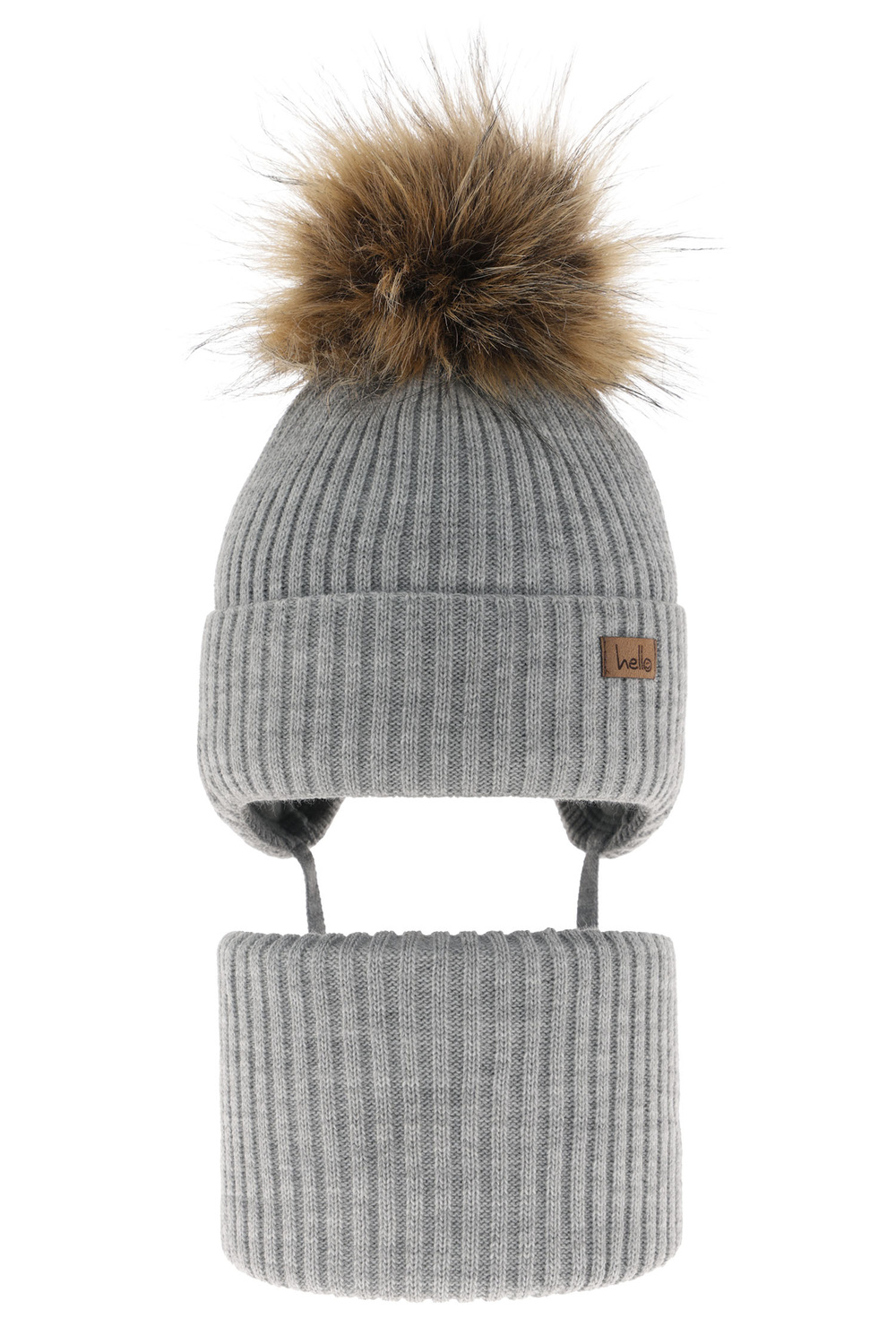 Set invernale bambino: berretto e scaldacollo, grigio, con pompon, con lacci, Bergo