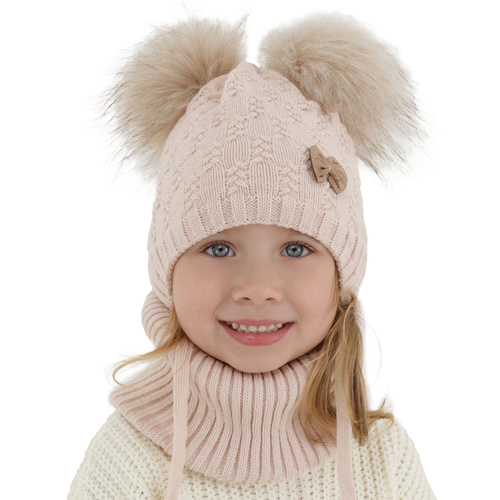 Set invernale bambina: berretto e scaldacollo, rosa, con due pon pon, con lacci, Bettina