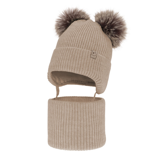 Set invernale bambina: berretto e scaldacollo, beige, con due pon pon, con lacci, Zori