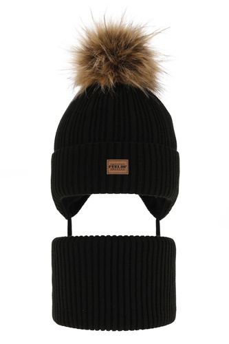 Set invernale bambino: berretto e scaldacollo, nero, con pompon, Eger