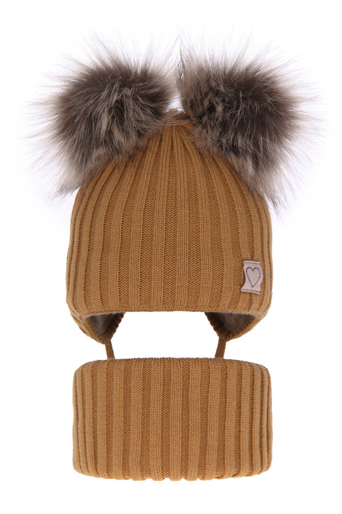 Set invernale bambina: berretto e scaldacollo, camel, con due pon pon, con lacci, Telisa