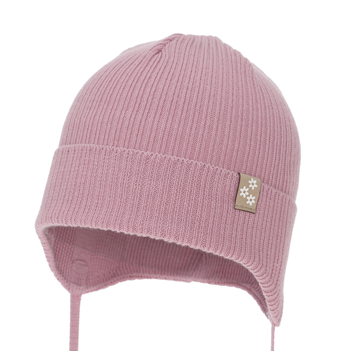 Berretto autunno/primavera bambina, color brughiera, con lacci, 100% cotone, Lunara