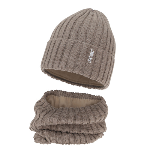 Set invernale bambino (berretto e scaldacollo), beige, con lana merino, foderato in pile, Banasko