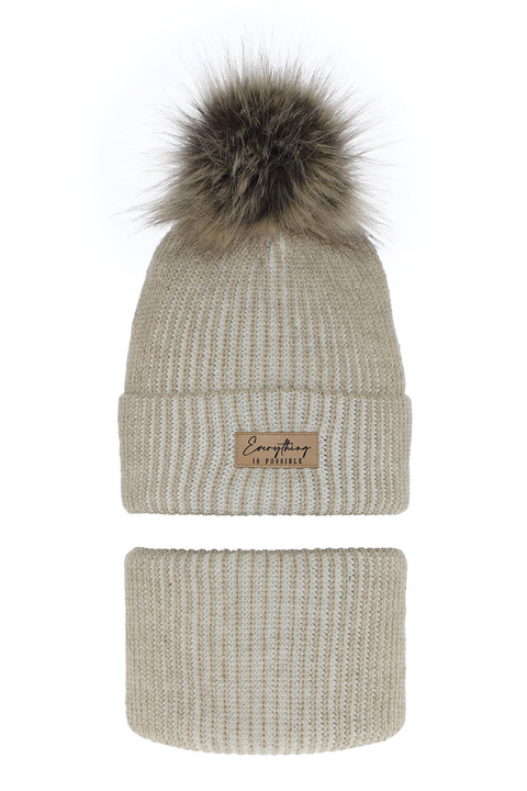 Set invernale bambina: berretto e scaldacollo, beige, con pompon, Floryda