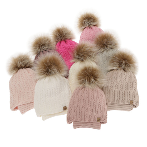 Set invernale bambina: berretto e scaldacollo, crema, con pompon, con lacci, Loreley
