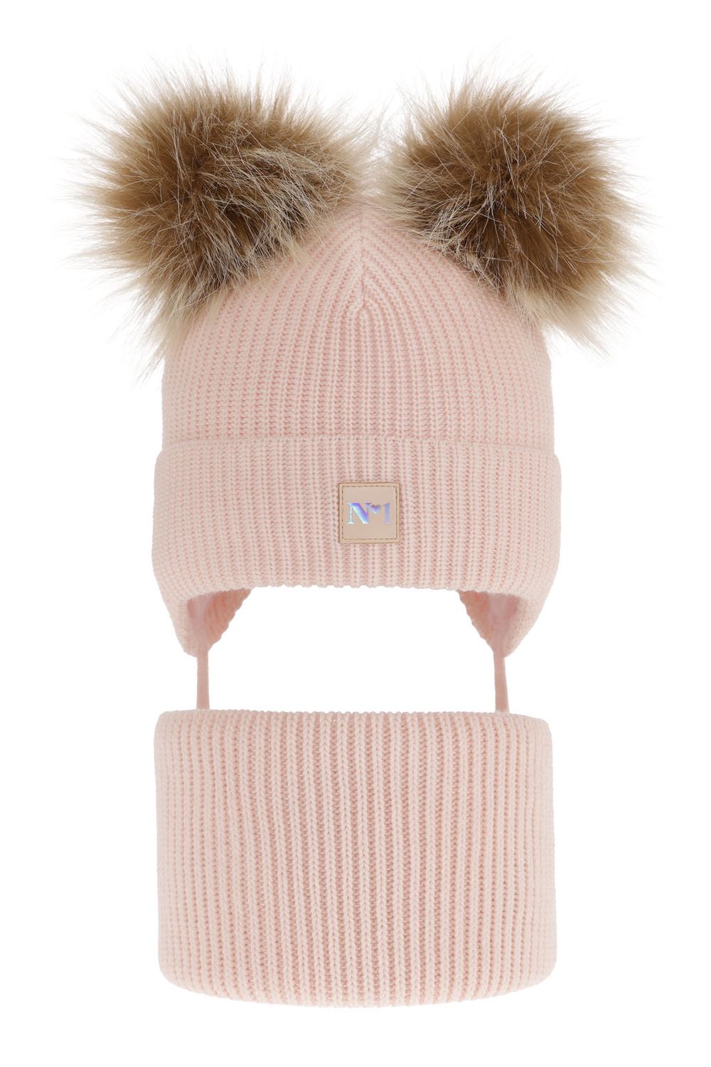 Set invernale bambina: berretto e scaldacollo, rosa, con due pon pon, con lacci, Kiara