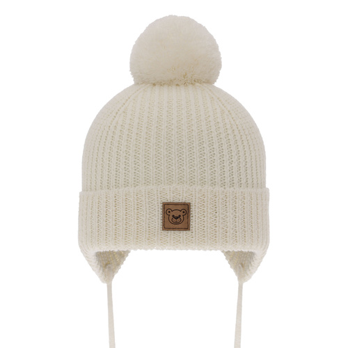 Berretto invernale bambino, crema, 100% Lana Merino, foderato in pile, con lacci, Tofik