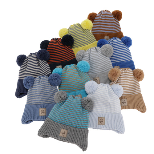 Berretto autunno/primavera bambino, blu scuro, con due pon pon, con lacci, Laurent