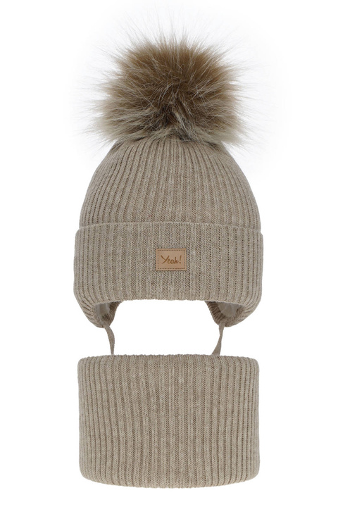 Set invernale bambina: berretto e scaldacollo, beige, con pompon, Dilajla