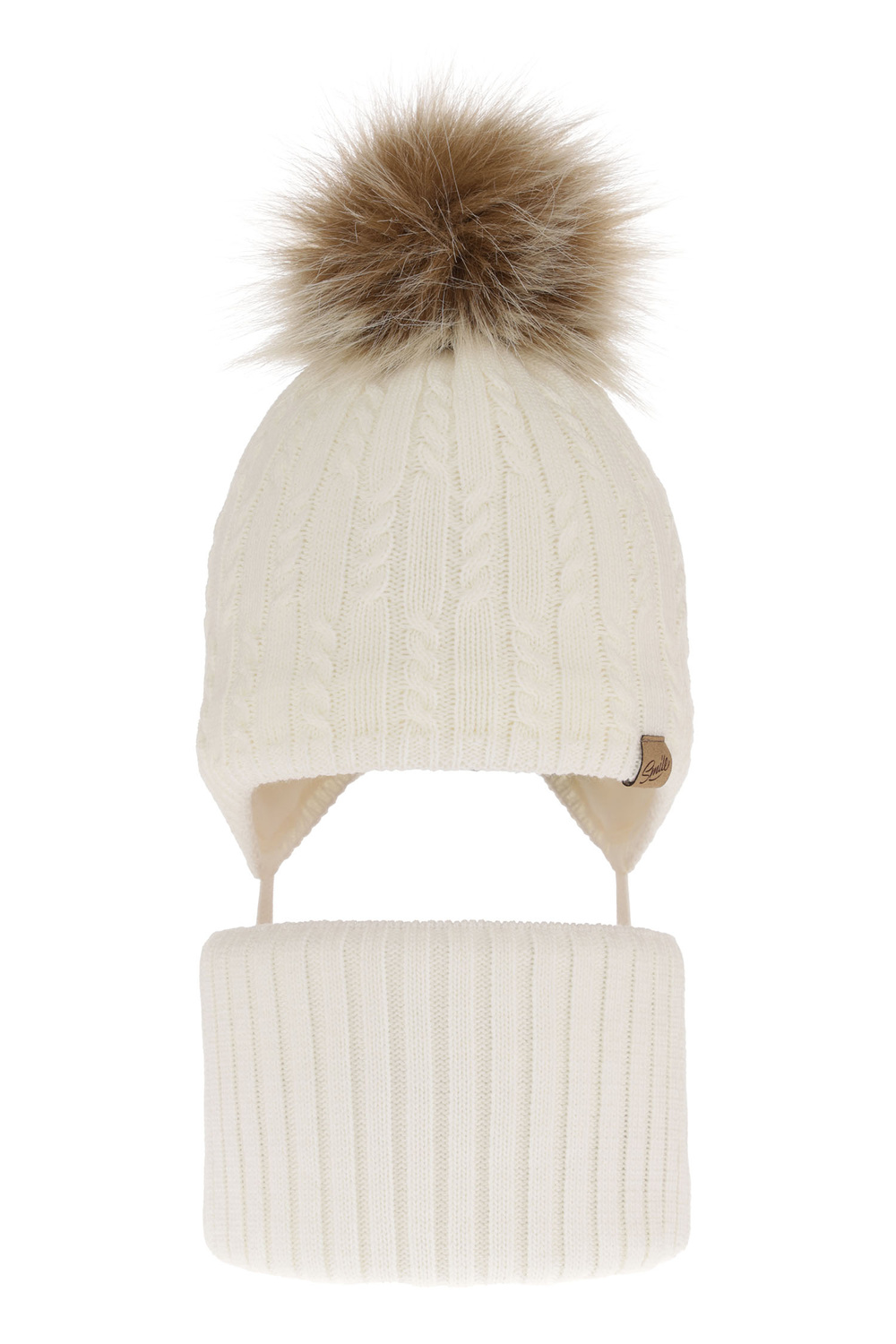 Set invernale bambina: berretto e scaldacollo, crema, con pompon, con lacci, Loreley